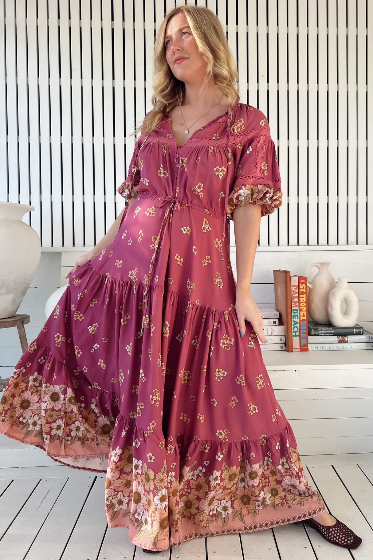 JAASE - Elsa Maxi Dress: Lace Detailed Bodice with Pull Tie Waist Dress in Bee Orchid Print