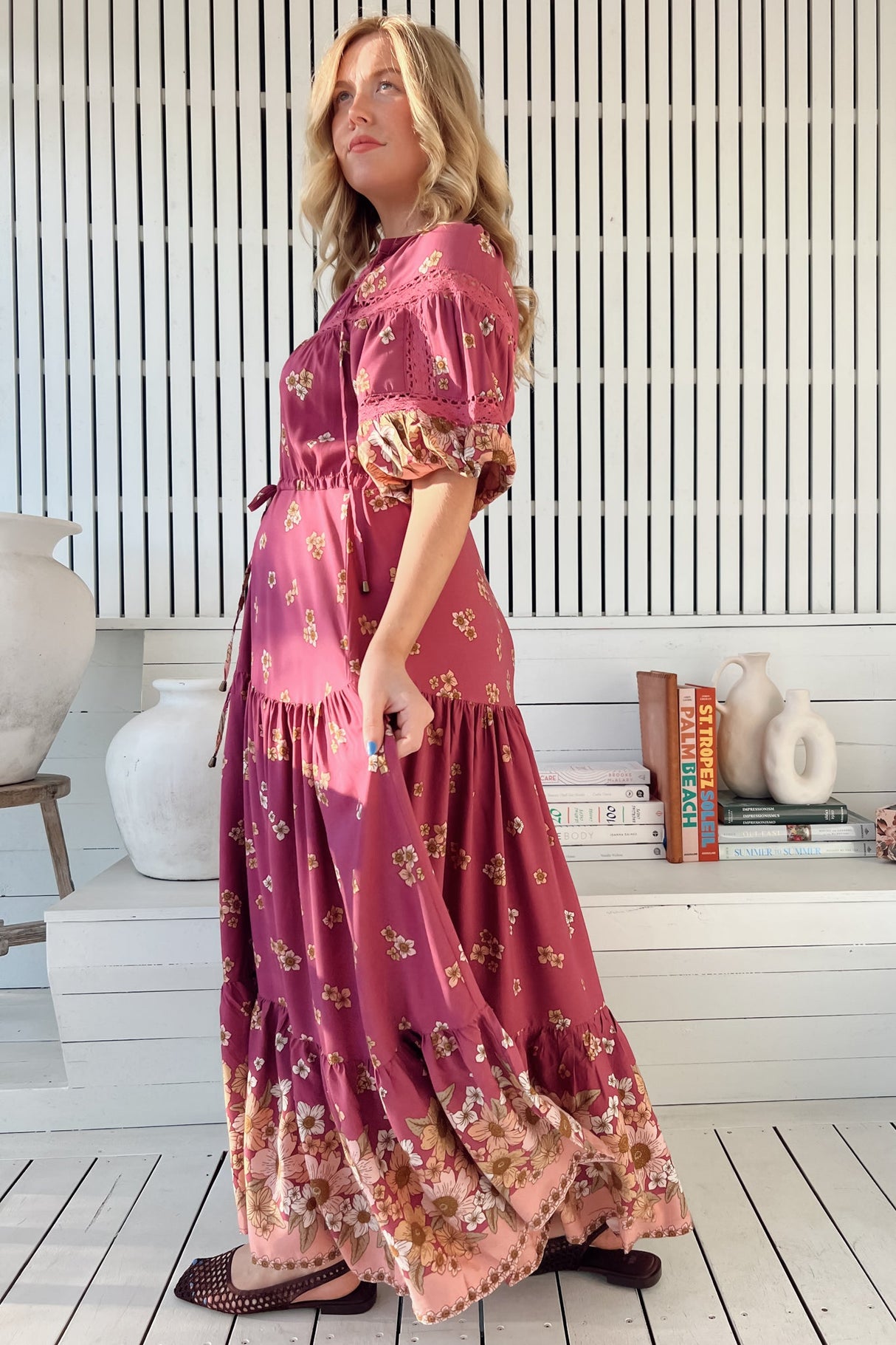 JAASE - Elsa Maxi Dress: Lace Detailed Bodice with Pull Tie Waist Dress in Bee Orchid Print