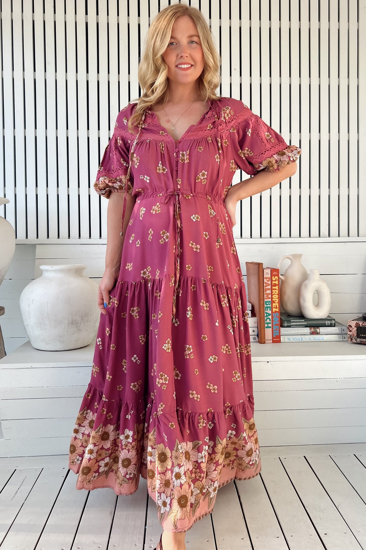 JAASE - Elsa Maxi Dress: Lace Detailed Bodice with Pull Tie Waist Dress in Bee Orchid Print