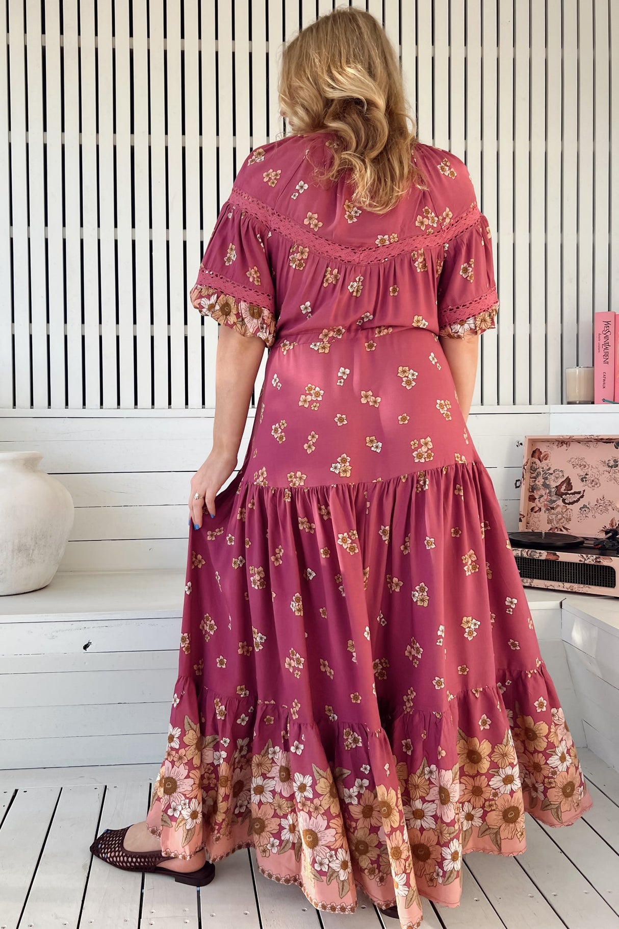 JAASE - Elsa Maxi Dress: Lace Detailed Bodice with Pull Tie Waist Dress in Bee Orchid Print