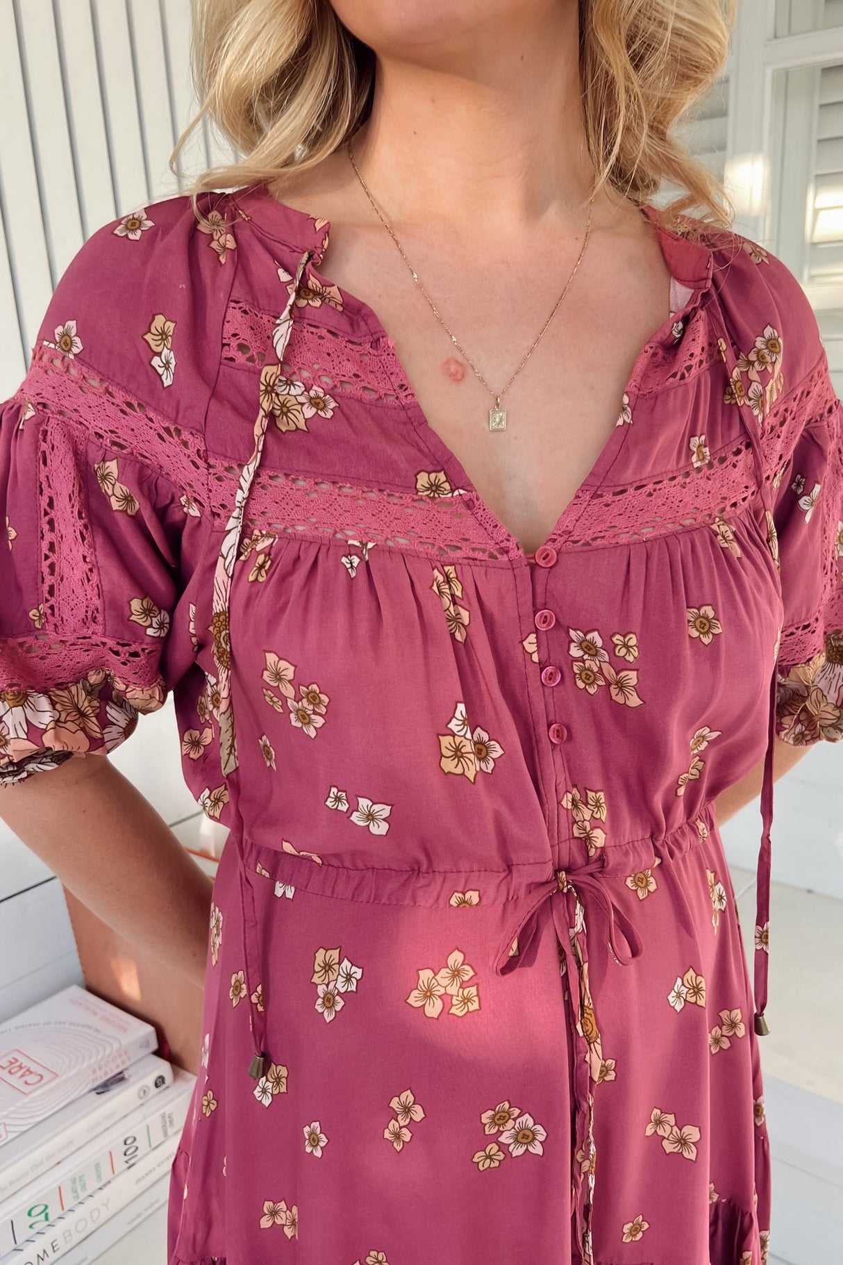 JAASE - Elsa Maxi Dress: Lace Detailed Bodice with Pull Tie Waist Dress in Bee Orchid Print