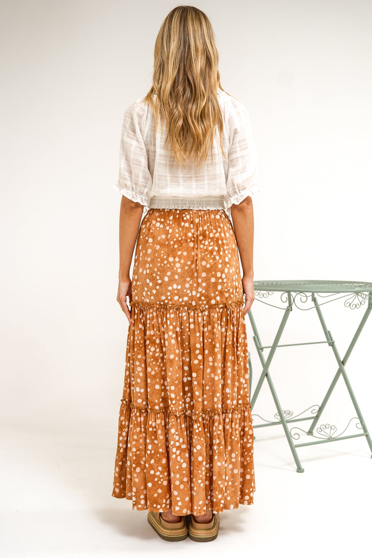 Elsa Maxi Skirt - High Waisted Frill Splicing Tiered Skirt in Lilwen Print