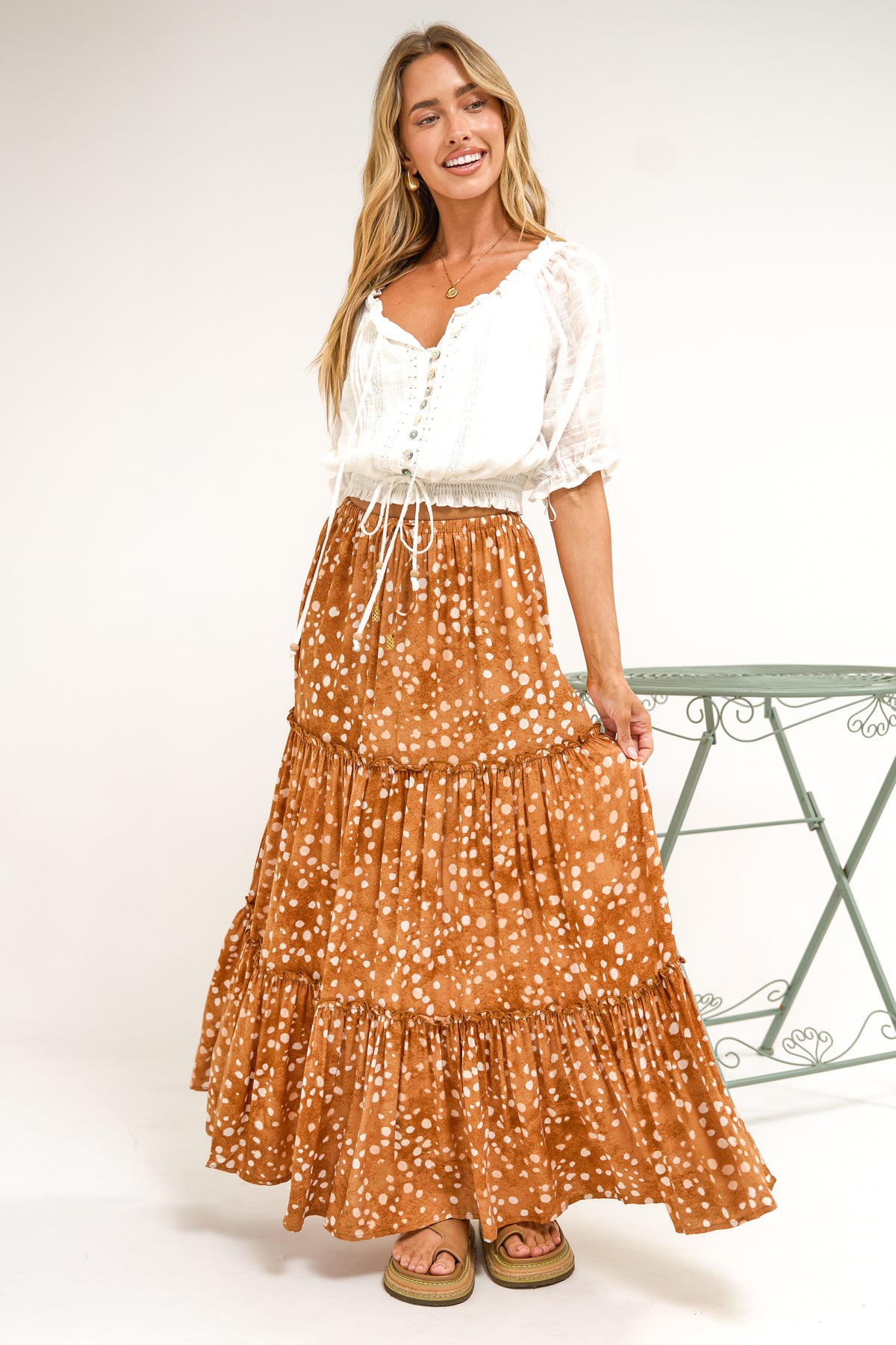 Elsa Maxi Skirt - High Waisted Frill Splicing Tiered Skirt in Lilwen Print