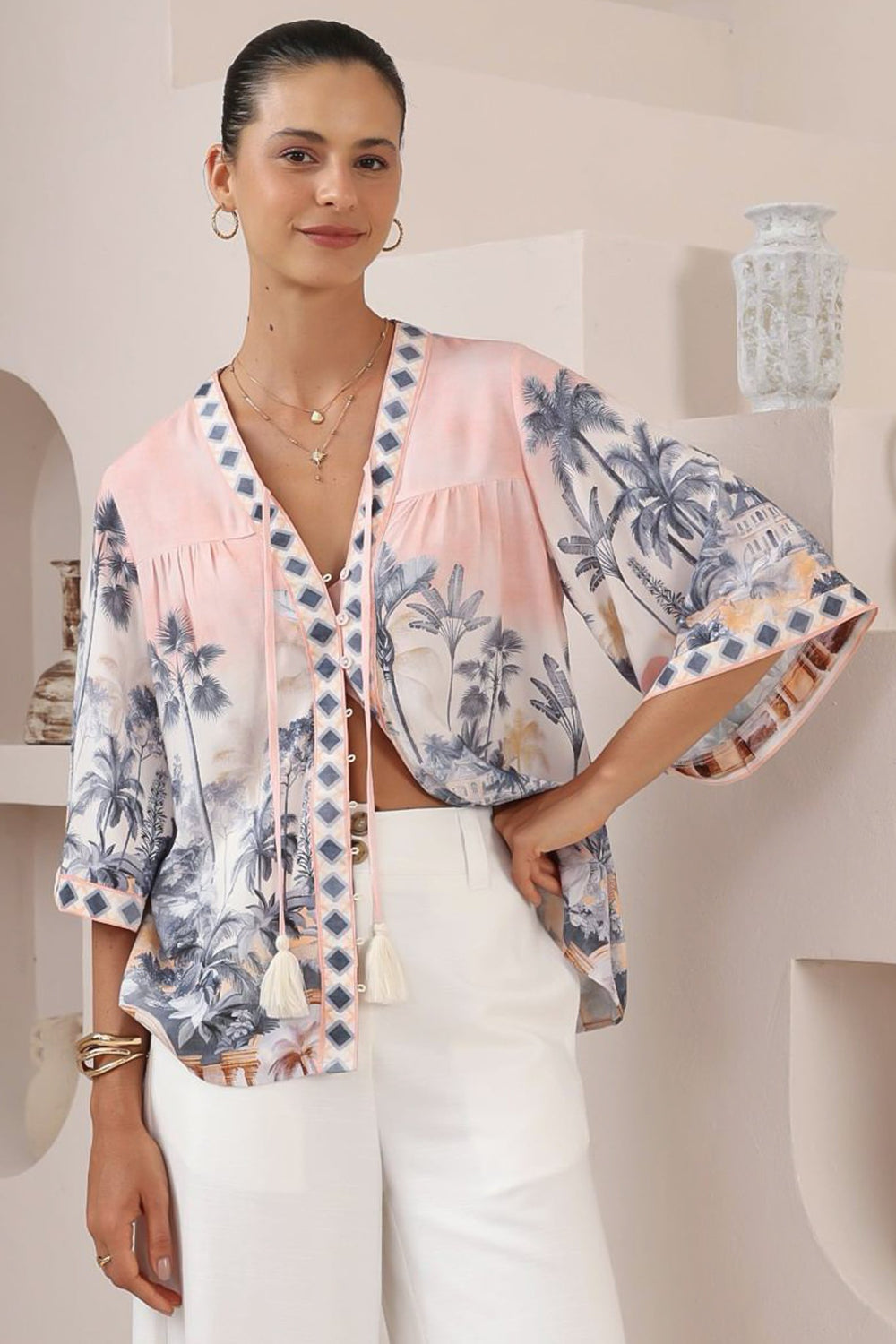 Elysia Blouse - Deep V Neck Button Down 3/4 Sleeve Top in Armena Print