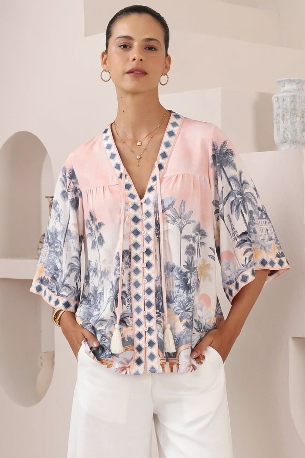 Elysia Blouse - Deep V Neck Button Down 3/4 Sleeve Top in Armena Print