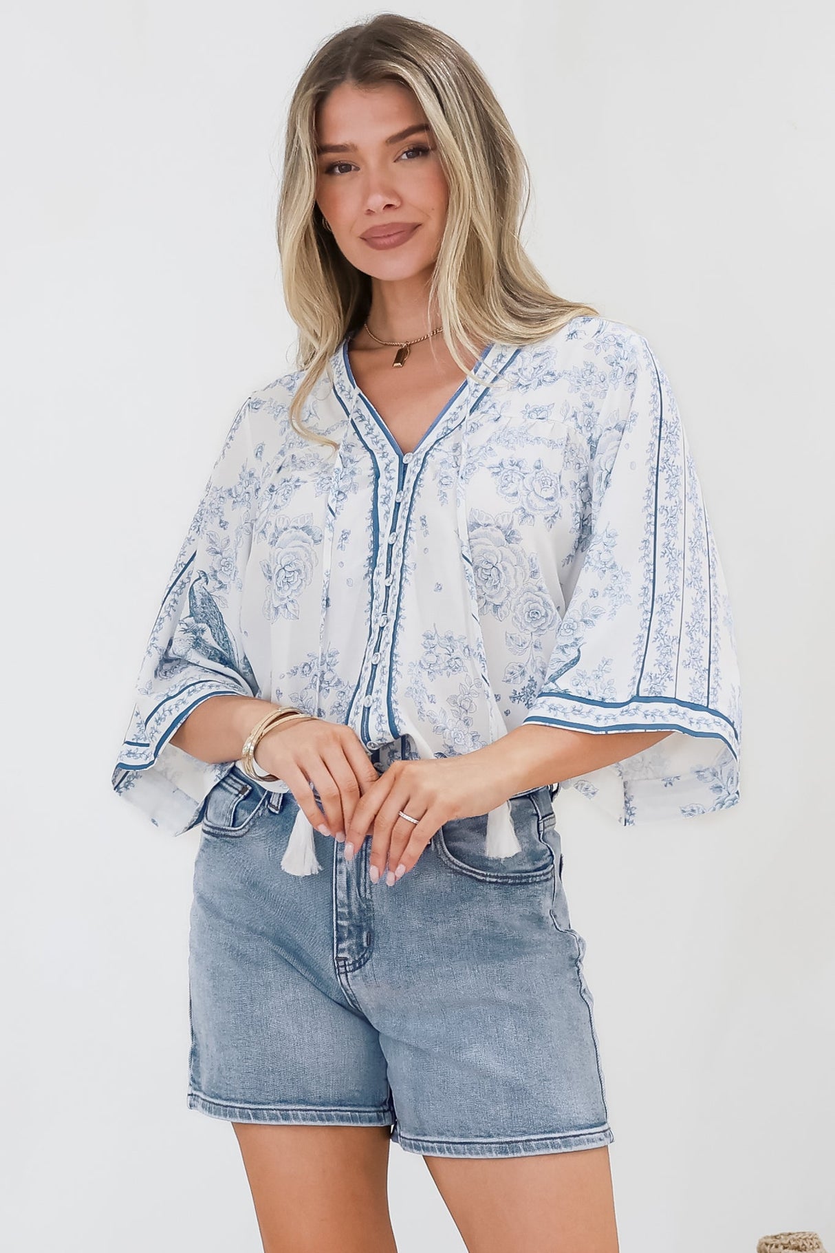Elysia Blouse - Deep V Neck Button Down 3/4 Sleeve Top in Josie Print