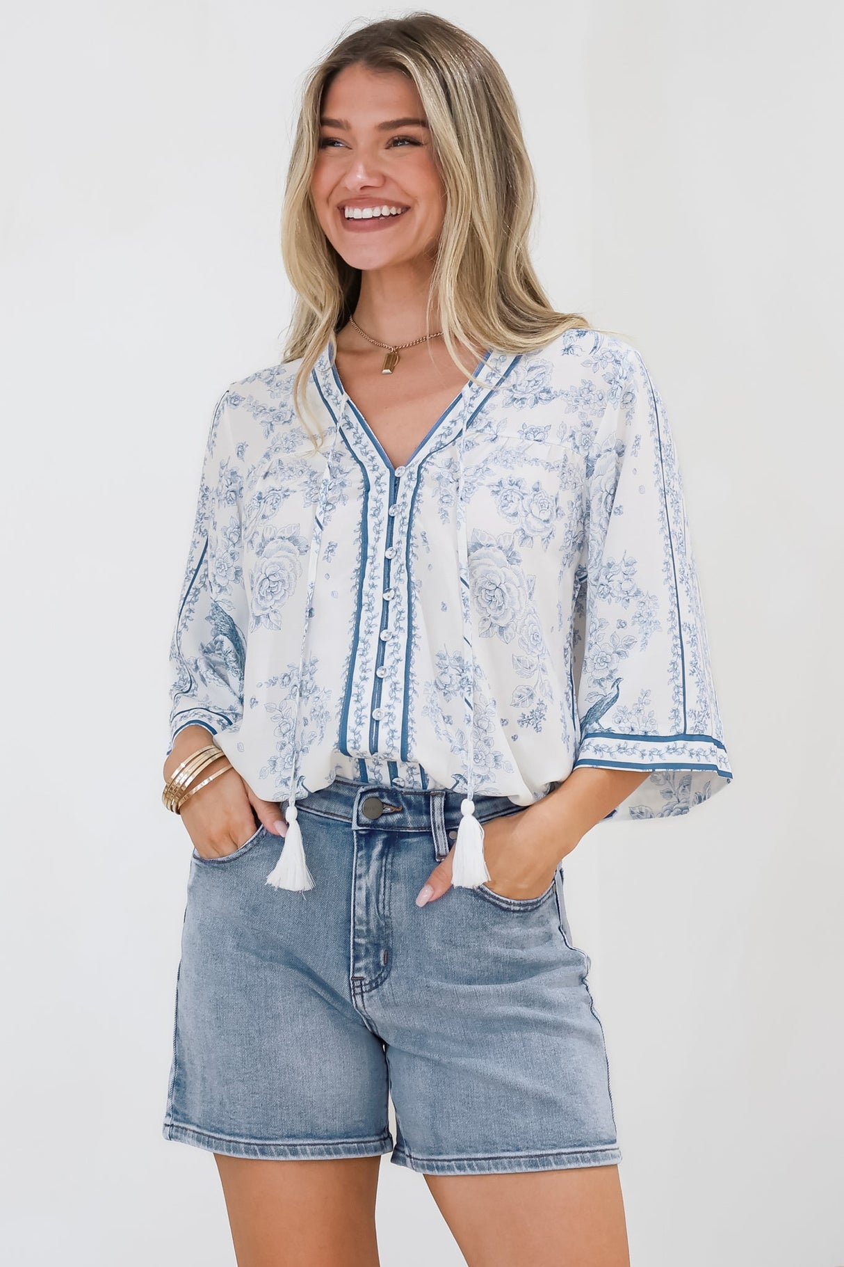 Elysia Blouse - Deep V Neck Button Down 3/4 Sleeve Top in Josie Print