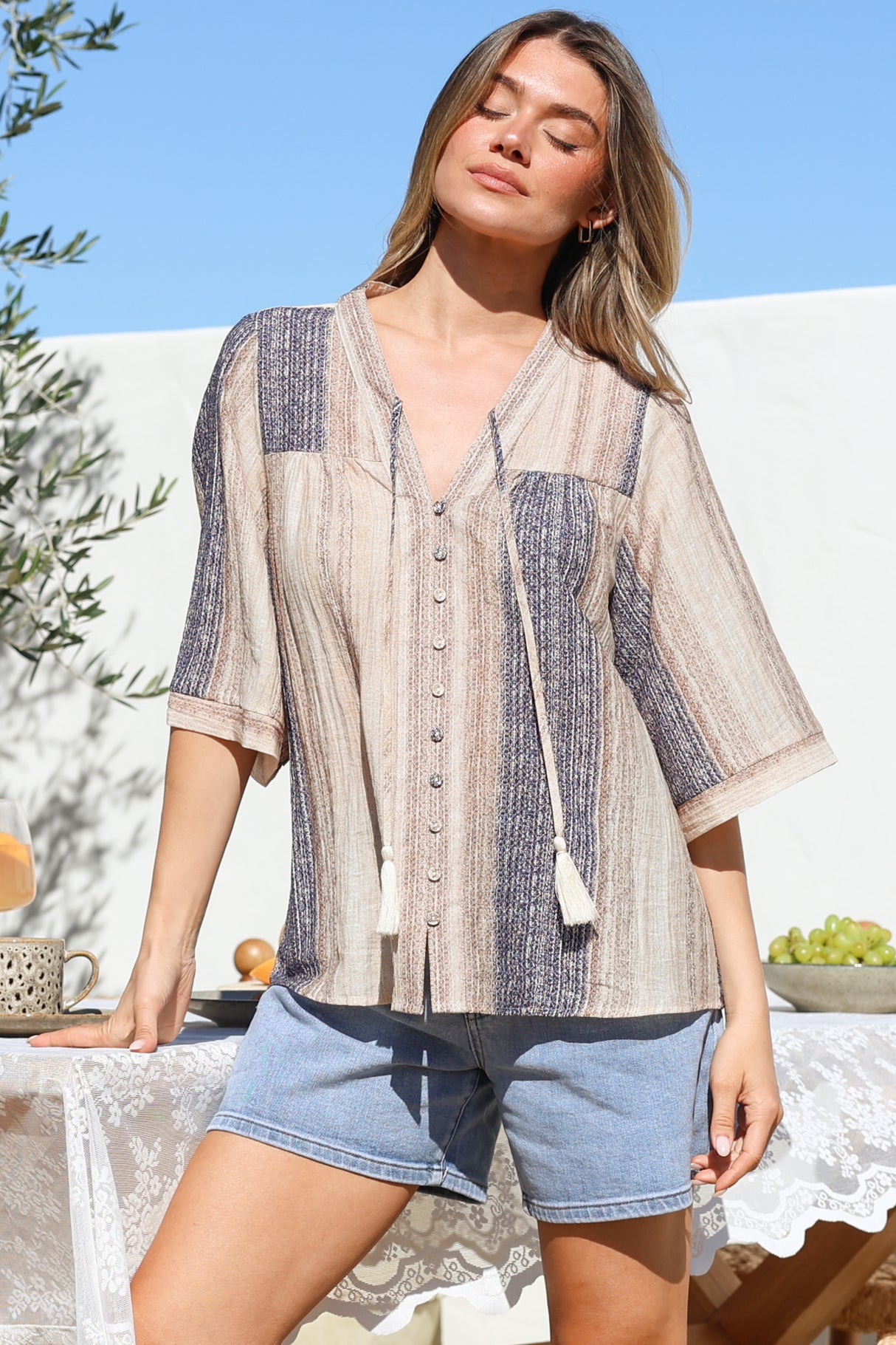 Elysia Blouse - Deep V Neck Button Down 3/4 Sleeve Top in Millaray Print