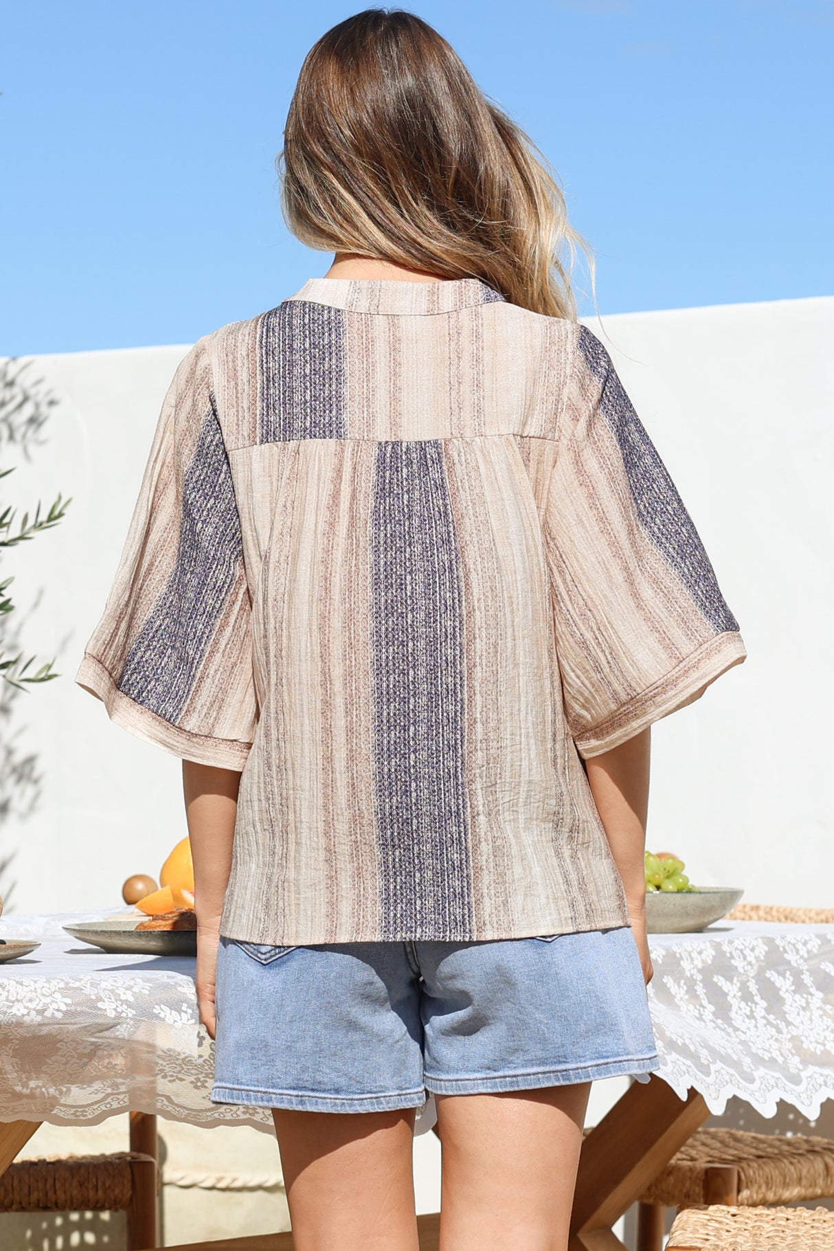 Elysia Blouse - Deep V Neck Button Down 3/4 Sleeve Top in Millaray Print