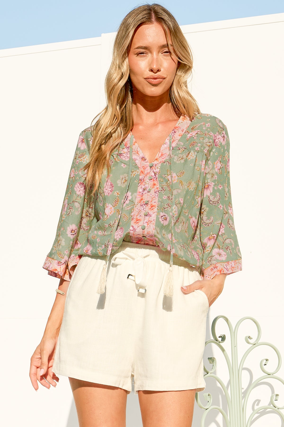 Elysia Blouse - Deep V Neck Button Down 3/4 Sleeve Top in Ottilie Print