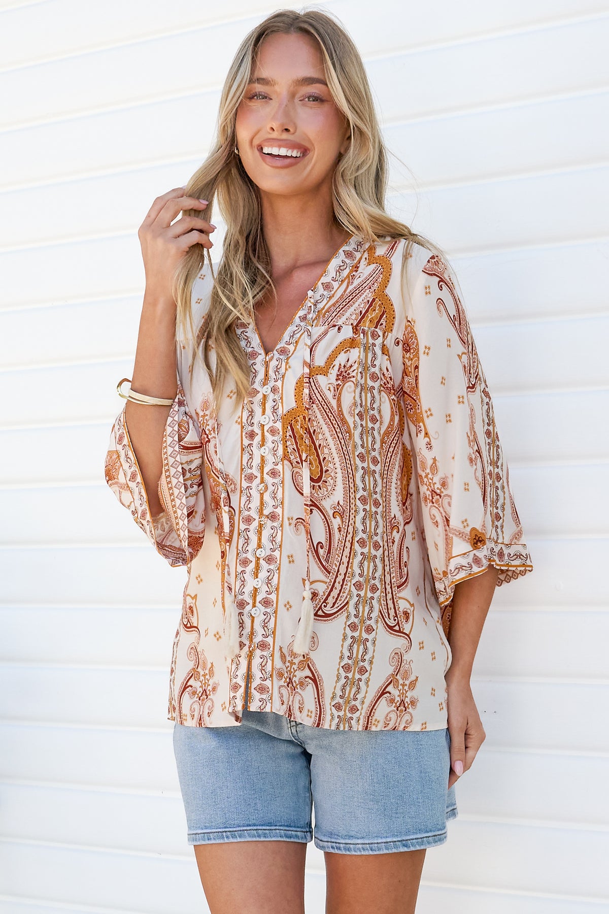 Elysia Blouse - Deep V Neck Button Down 3/4 Sleeve Top in Sedona Print