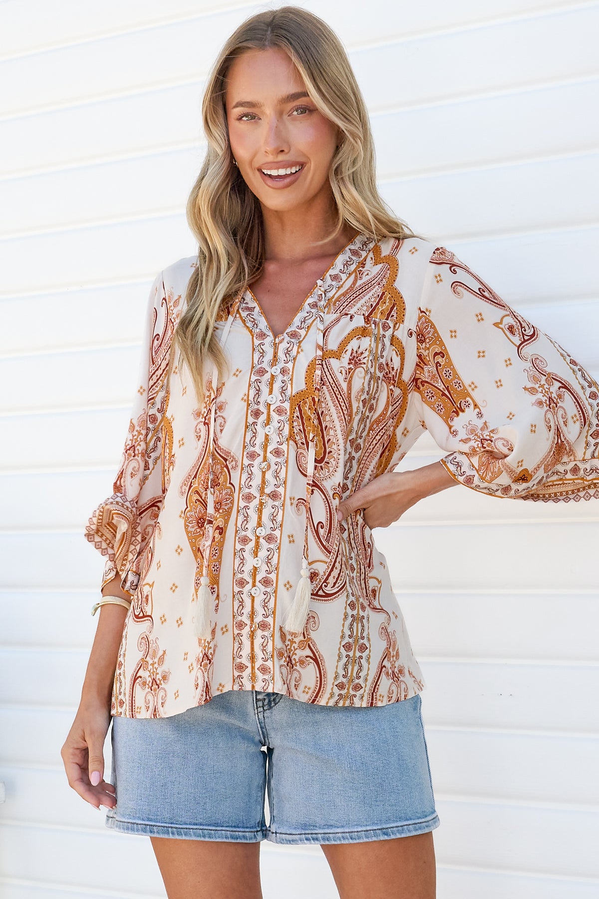 Elysia Blouse - Deep V Neck Button Down 3/4 Sleeve Top in Sedona Print