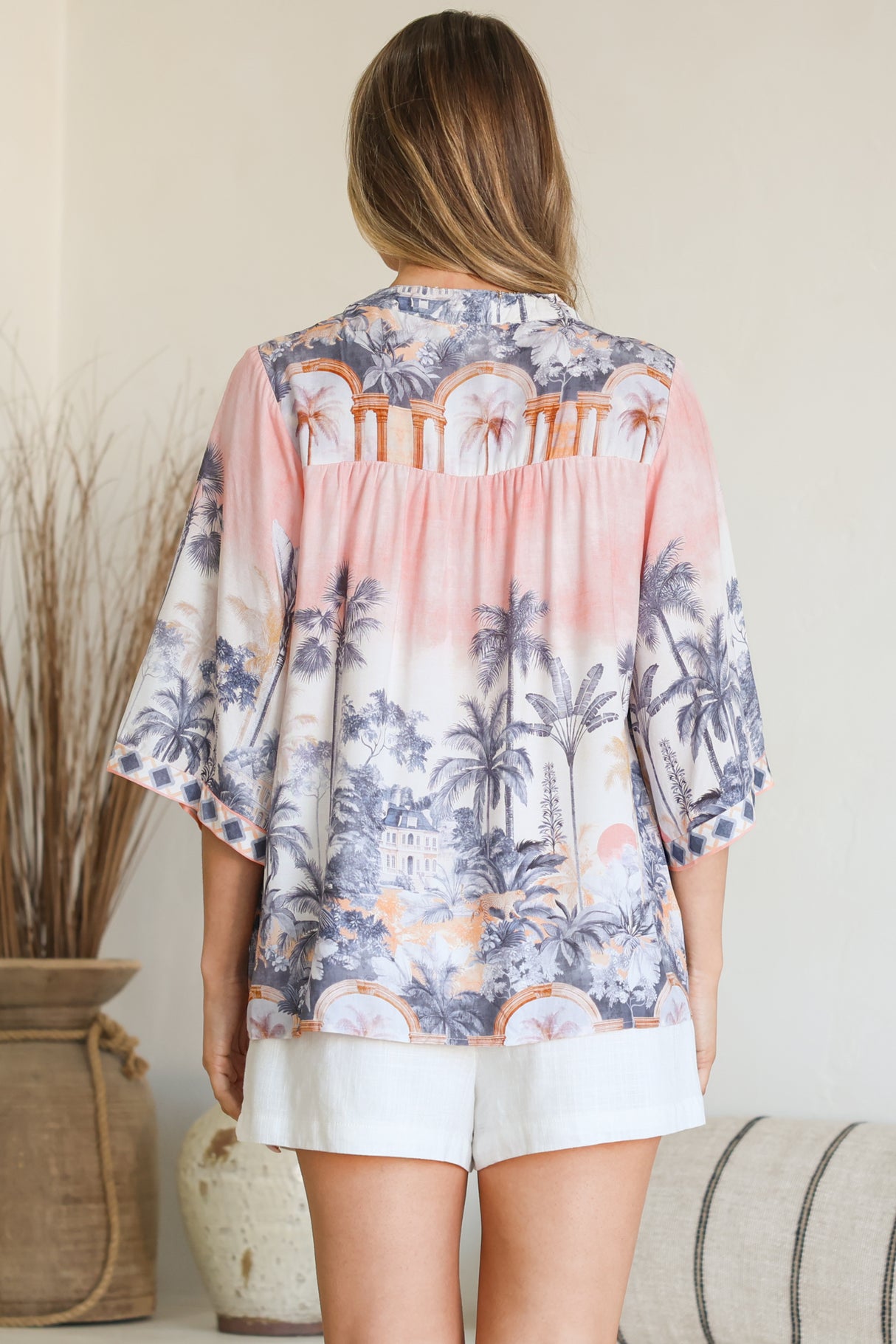 Model wearing Elysia Blouse in Armena Print from Salty Crush
