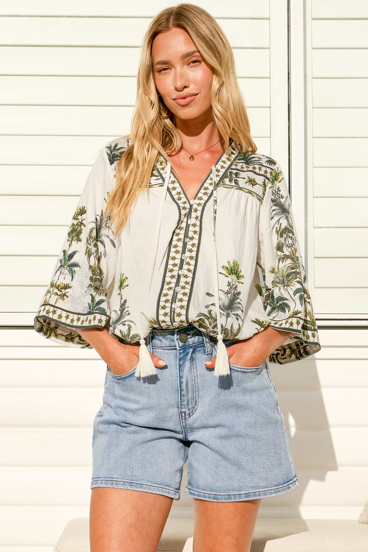 Elysia Blouse - Deep V Neck Button Down 3/4 Sleeve Top in Nessa Print