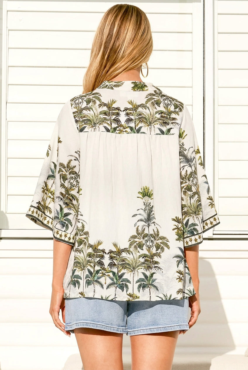 Model wearing Elysia Blouse in Nessa Print from Salty Crush