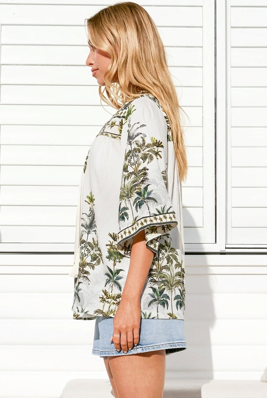 Model wearing Elysia Blouse in Nessa Print from Salty Crush