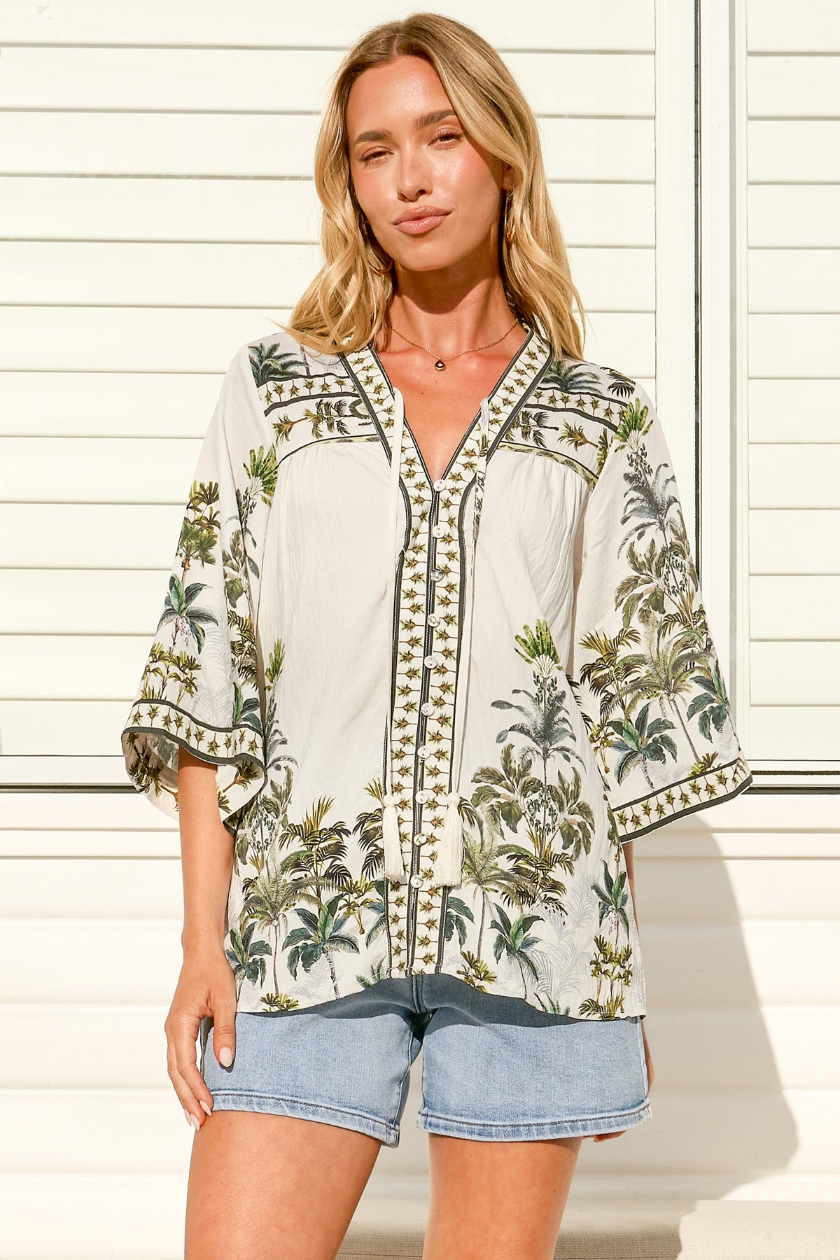 Elysia Blouse - Deep V Neck Button Down 3/4 Sleeve Top in Nessa Print