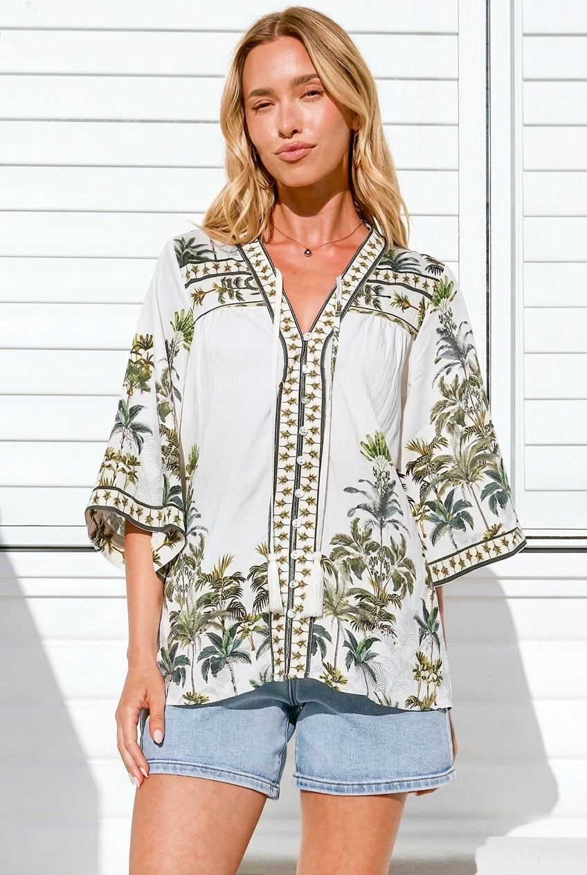 Model wearing Elysia Blouse in Nessa Print from Salty Crush