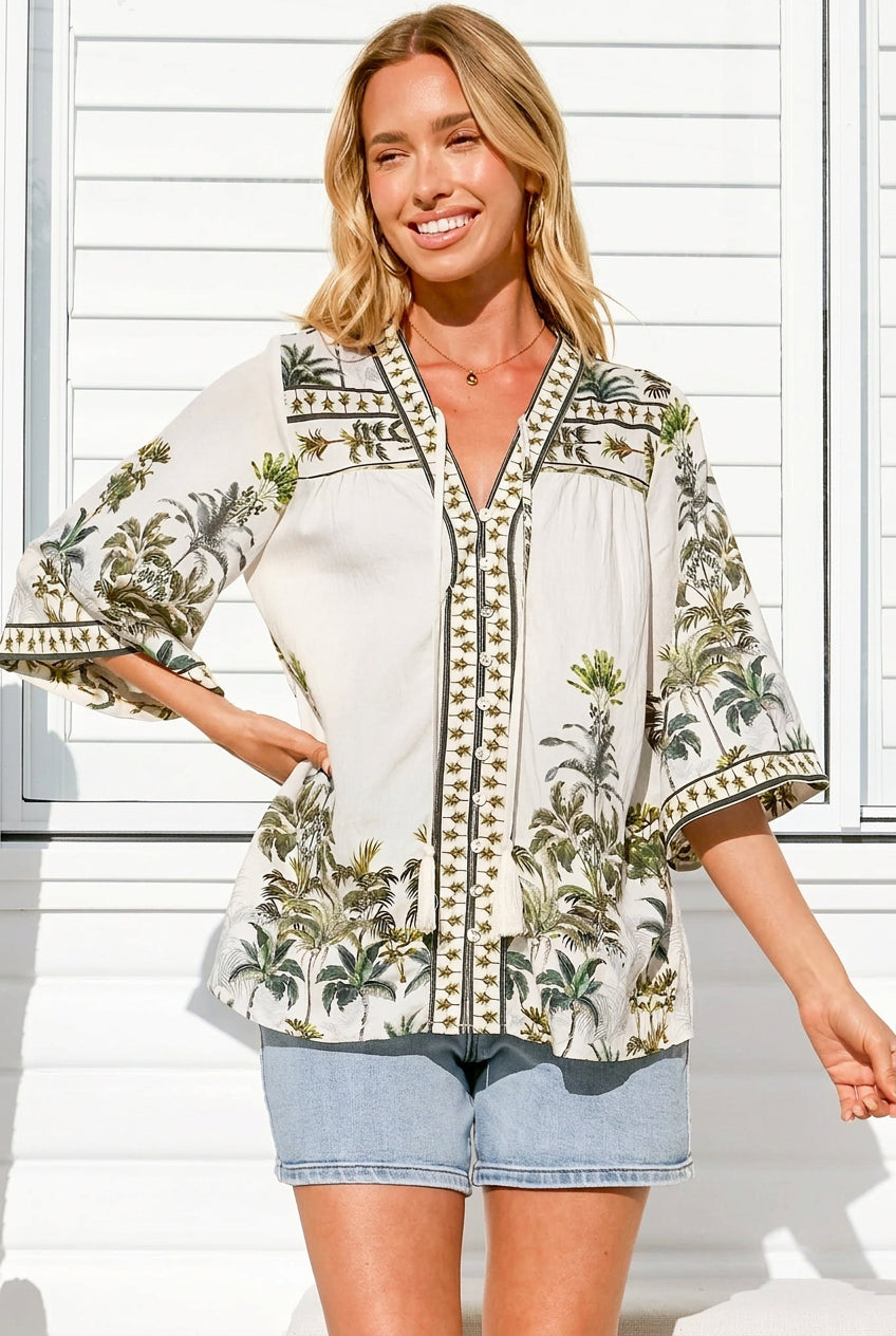 Model wearing Elysia Blouse in Nessa Print from Salty Crush