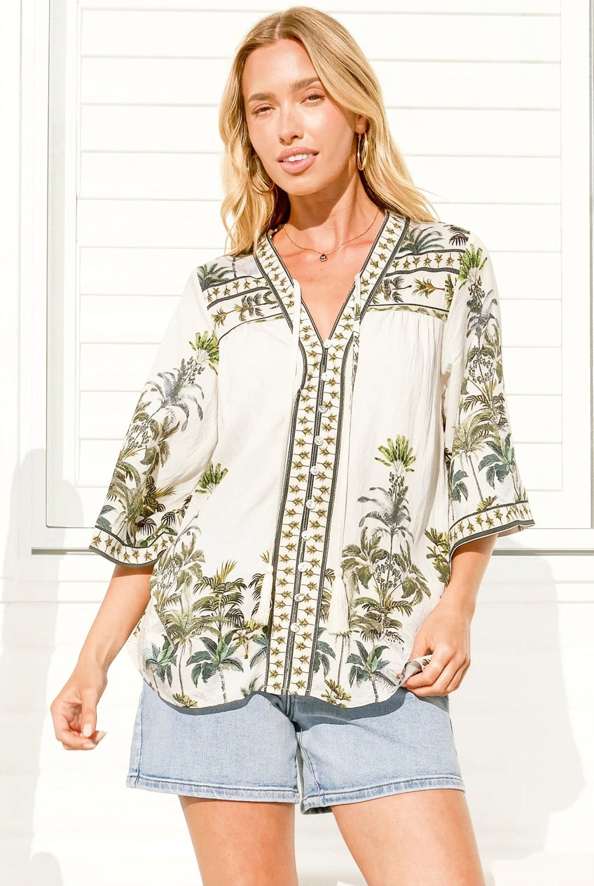 Model wearing Elysia Blouse in Nessa Print from Salty Crush