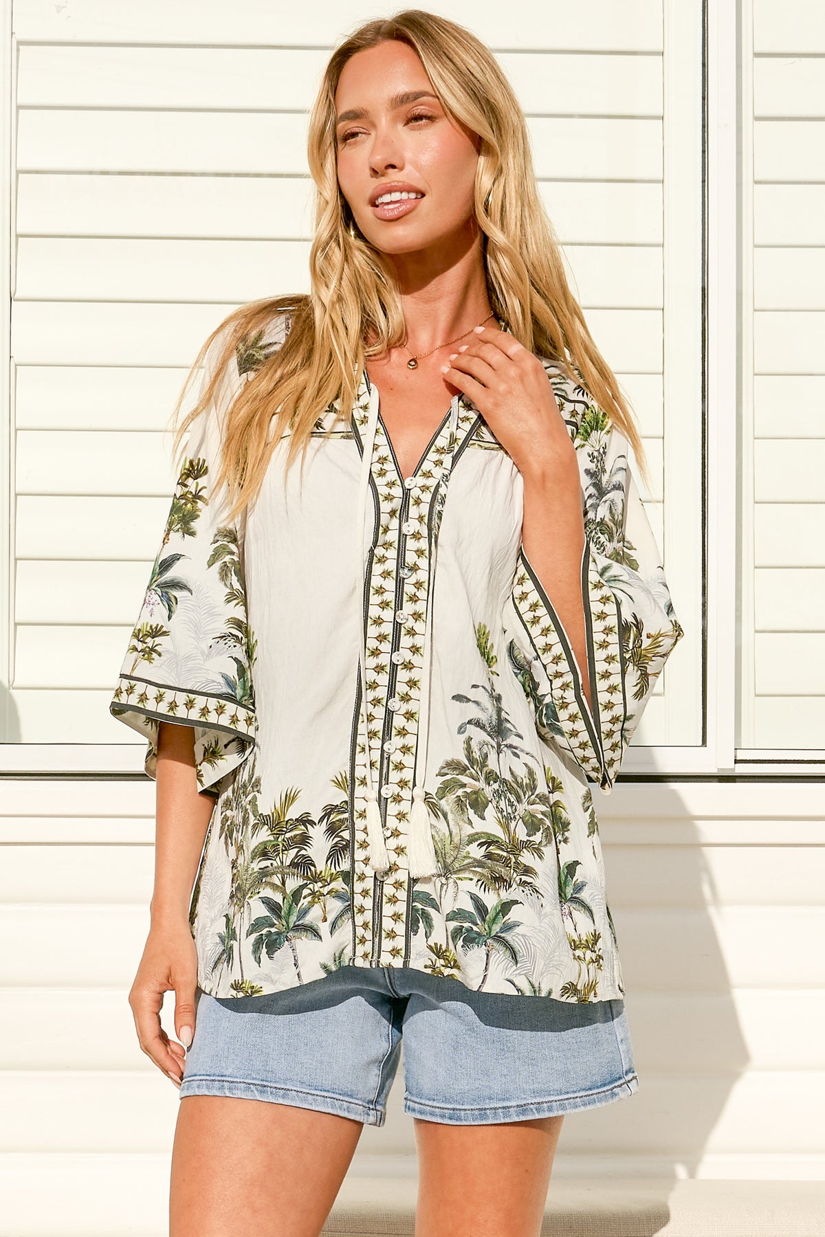Elysia Blouse - Deep V Neck Button Down 3/4 Sleeve Top in Nessa Print
