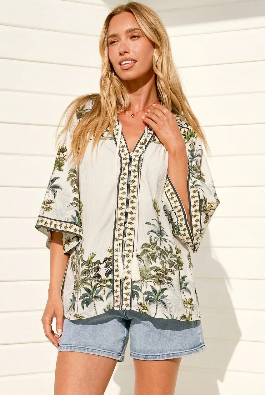 Model wearing Elysia Blouse in Nessa Print from Salty Crush