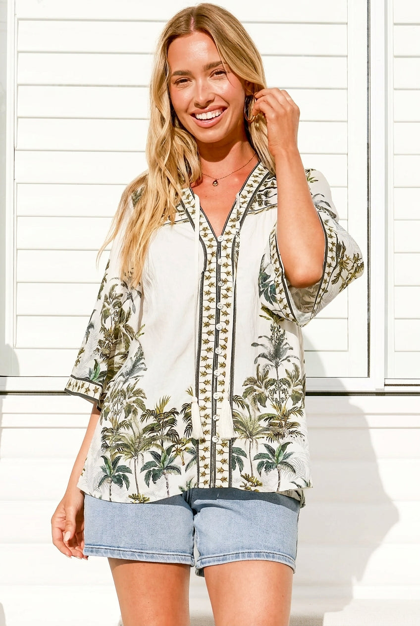 Model wearing Elysia Blouse in Nessa Print from Salty Crush