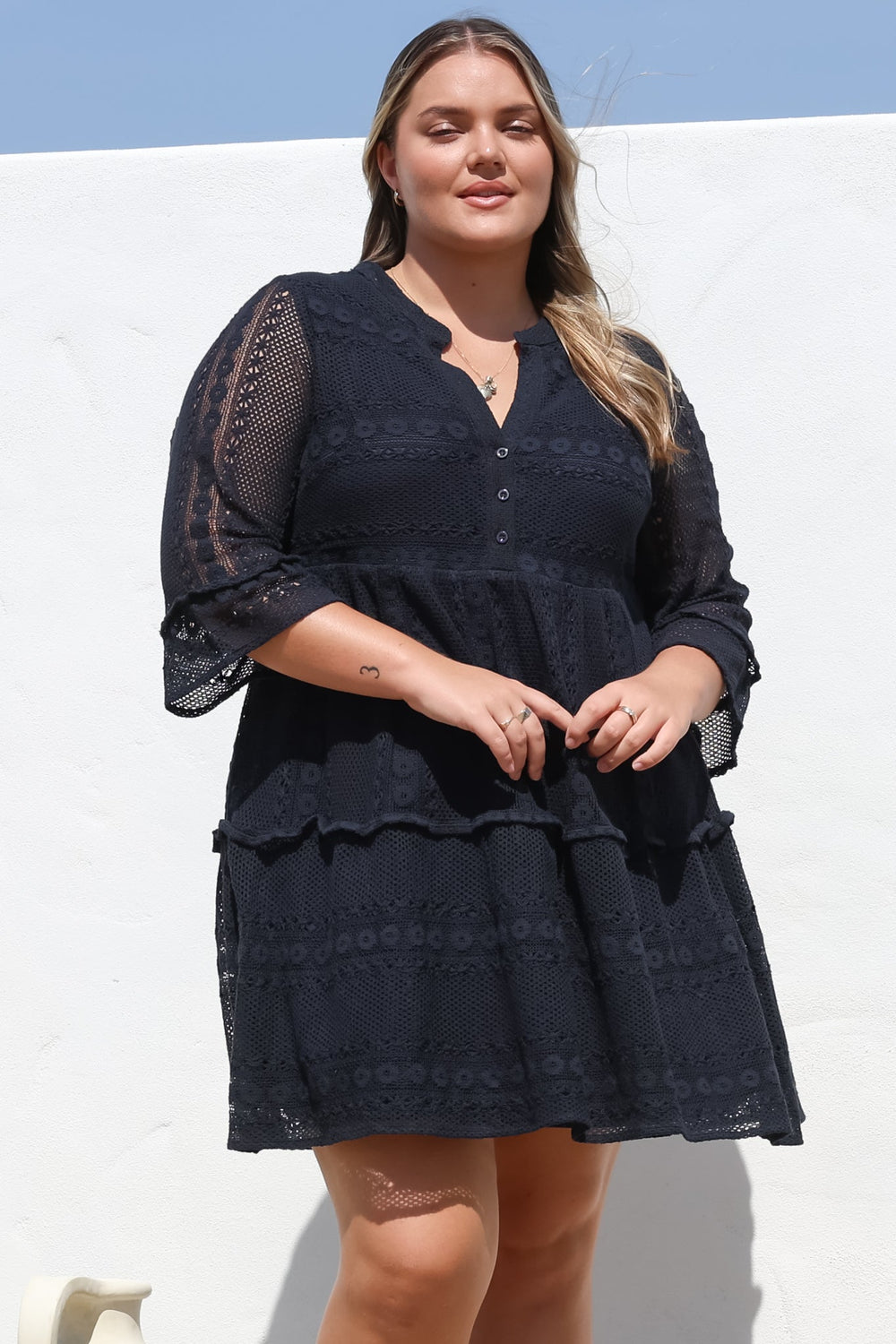 Emberly Mini Dress - Open-Work Lace Dress with Buttoned Bodice in Navy