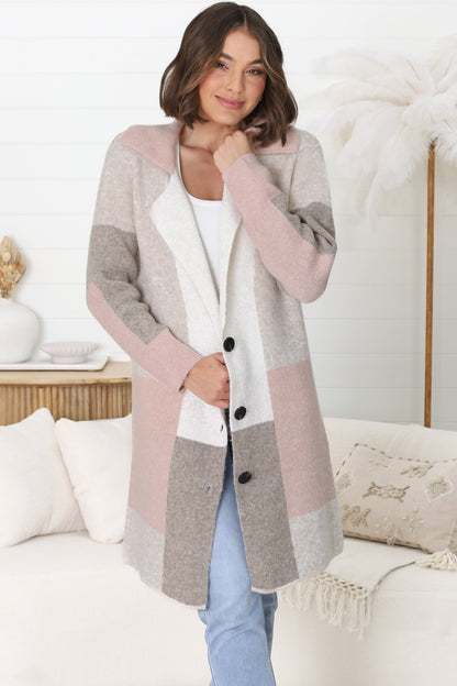 Emelyn Cardigan - Checkered Button Down Coatigan in Pink