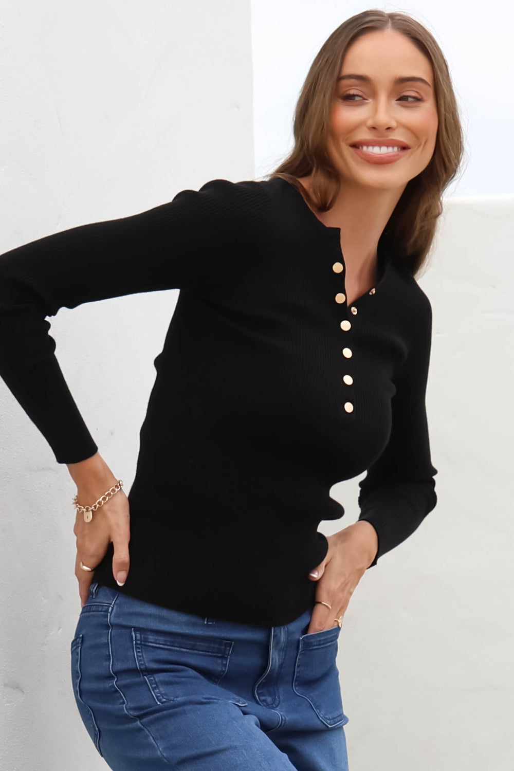 Emilia Knit Top - Gold Button Neckline Ribbed Top in Black