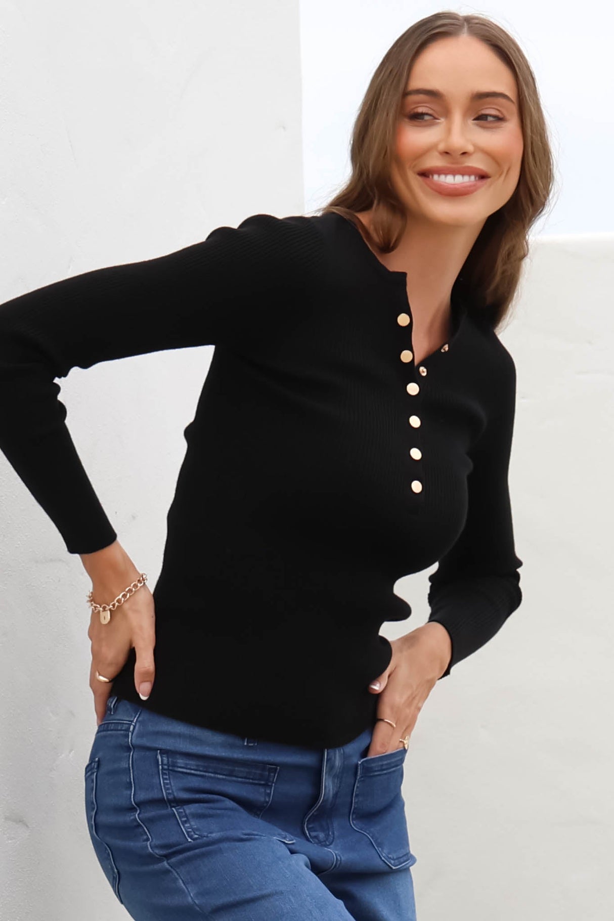 Emilia Knit Top - Gold Button Neckline Ribbed Top in Black