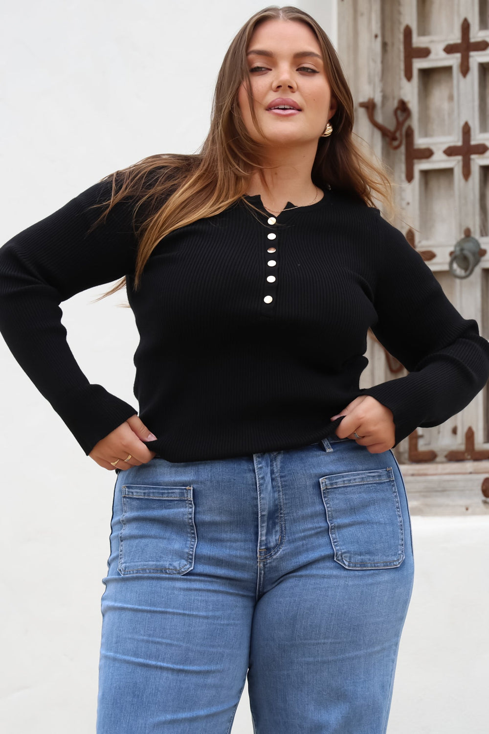 Emilia Knit Top - Gold Button Neckline Ribbed Top in Black