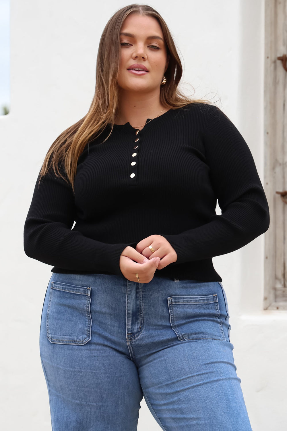 Emilia Knit Top - Gold Button Neckline Ribbed Top in Black