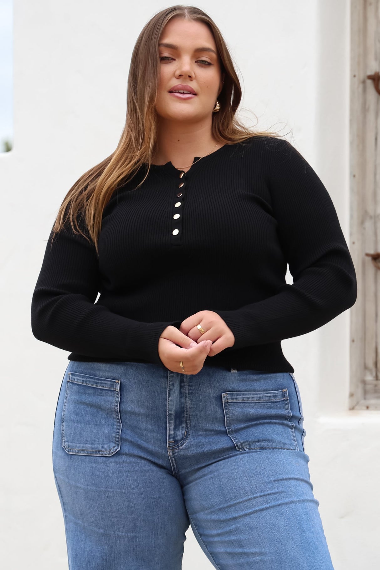 Emilia Knit Top - Gold Button Neckline Ribbed Top in Black