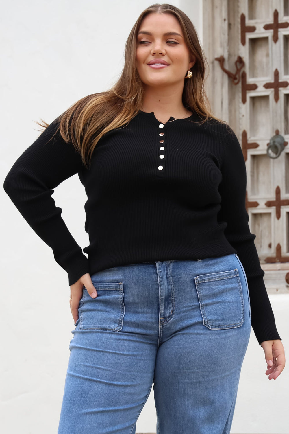 Emilia Knit Top - Gold Button Neckline Ribbed Top in Black