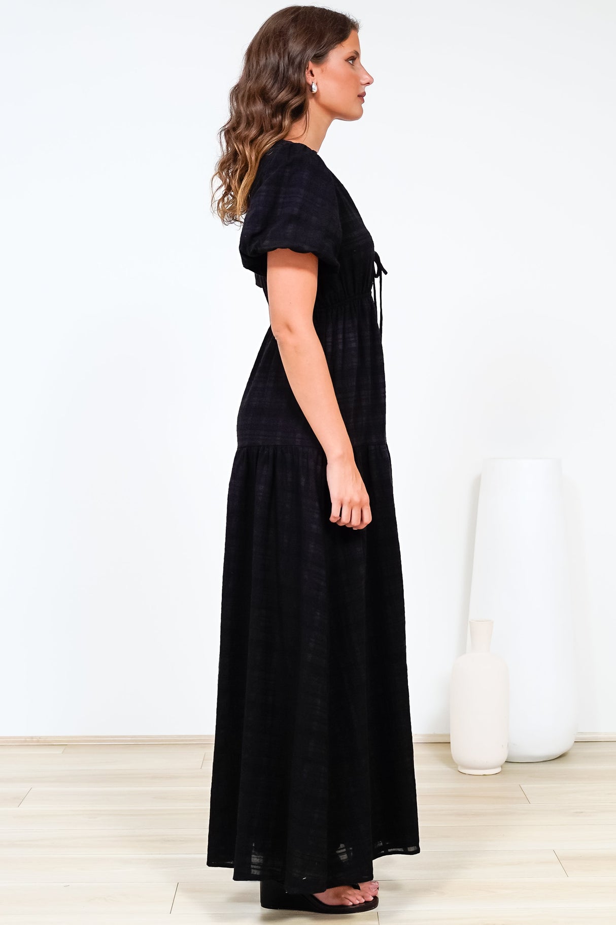Emirah Maxi Dress - V-Neck Tiered A-Line Dress with Puff Sleeves in Black