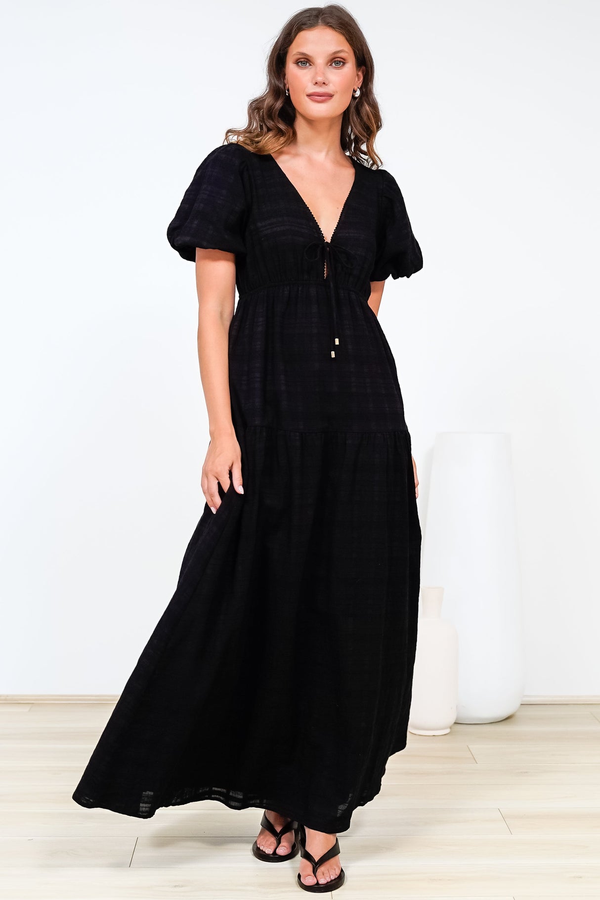Emirah Maxi Dress - V-Neck Tiered A-Line Dress with Puff Sleeves in Black