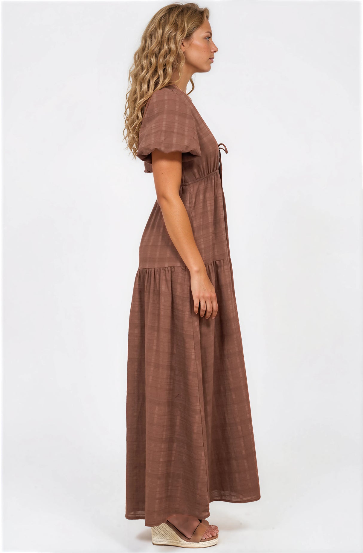 Emirah Maxi Dress - V-Neck Tiered A-Line Dress with Puff Sleeves in Chocolate