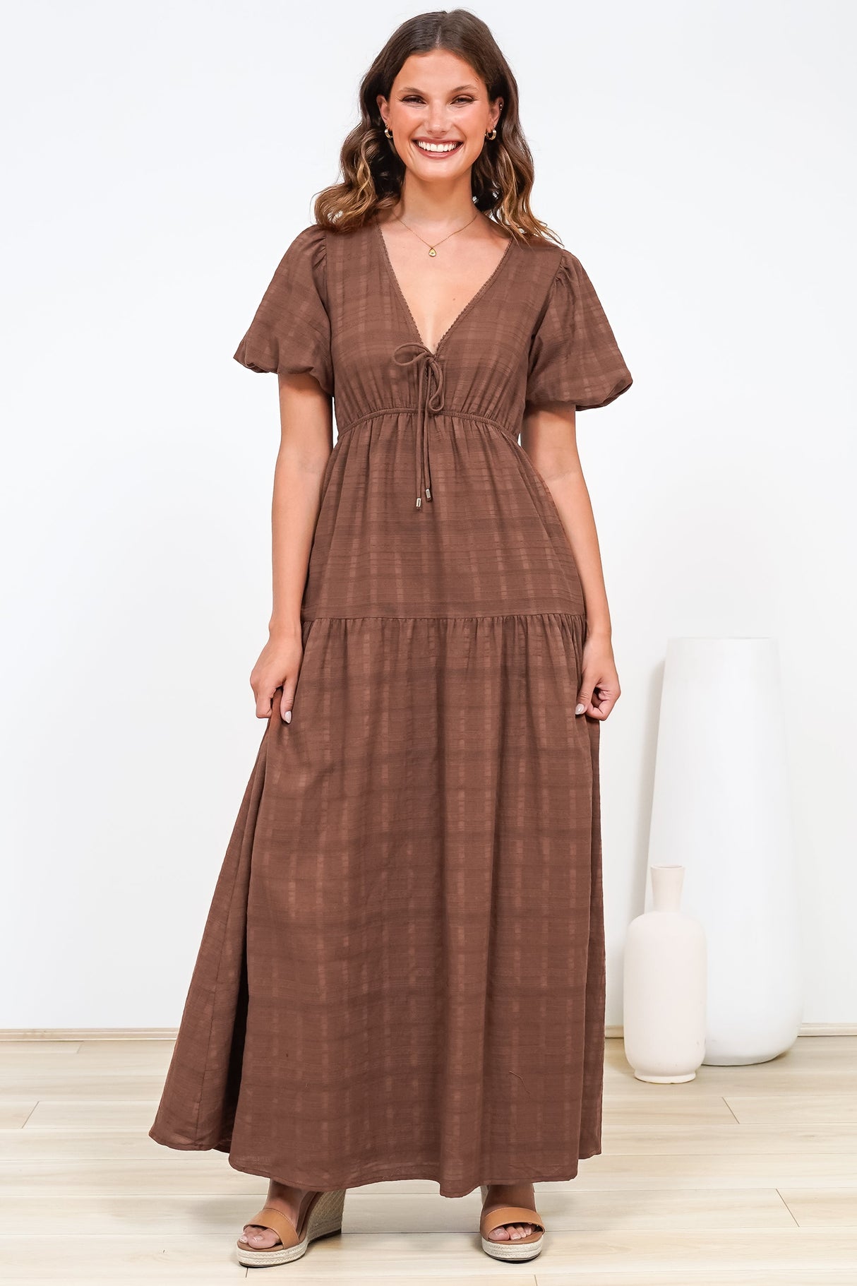 Emirah Maxi Dress - V-Neck Tiered A-Line Dress with Puff Sleeves in Chocolate