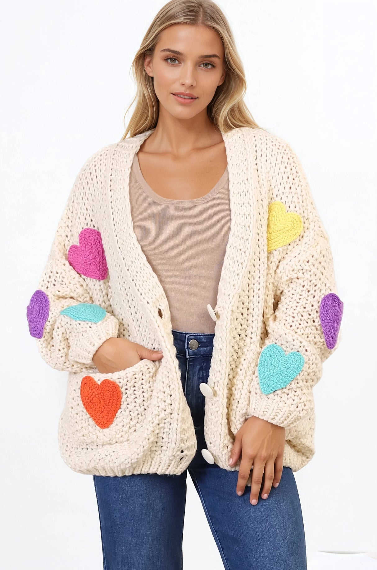 Emma Cardigan - V-Neck Hearts Buttoned Down Cardigan in Cream