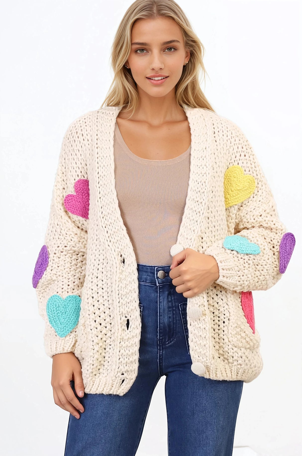 Emma Cardigan - V-Neck Hearts Buttoned Down Cardigan in Cream