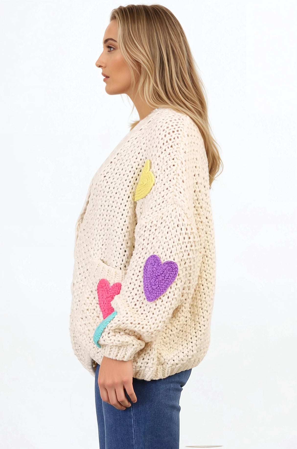 Emma Cardigan - V-Neck Hearts Buttoned Down Cardigan in Cream