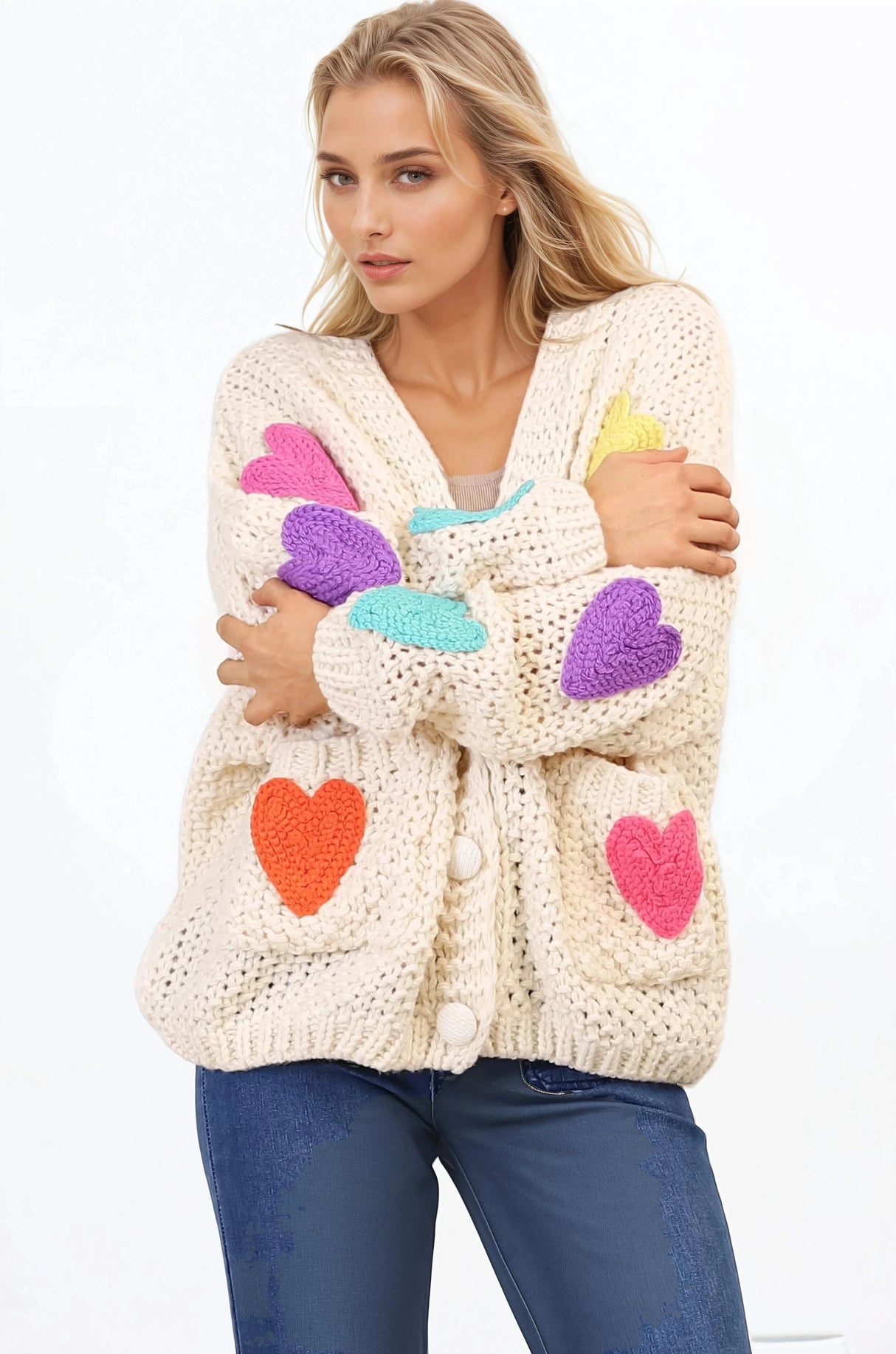 Emma Cardigan - V-Neck Hearts Buttoned Down Cardigan in Cream