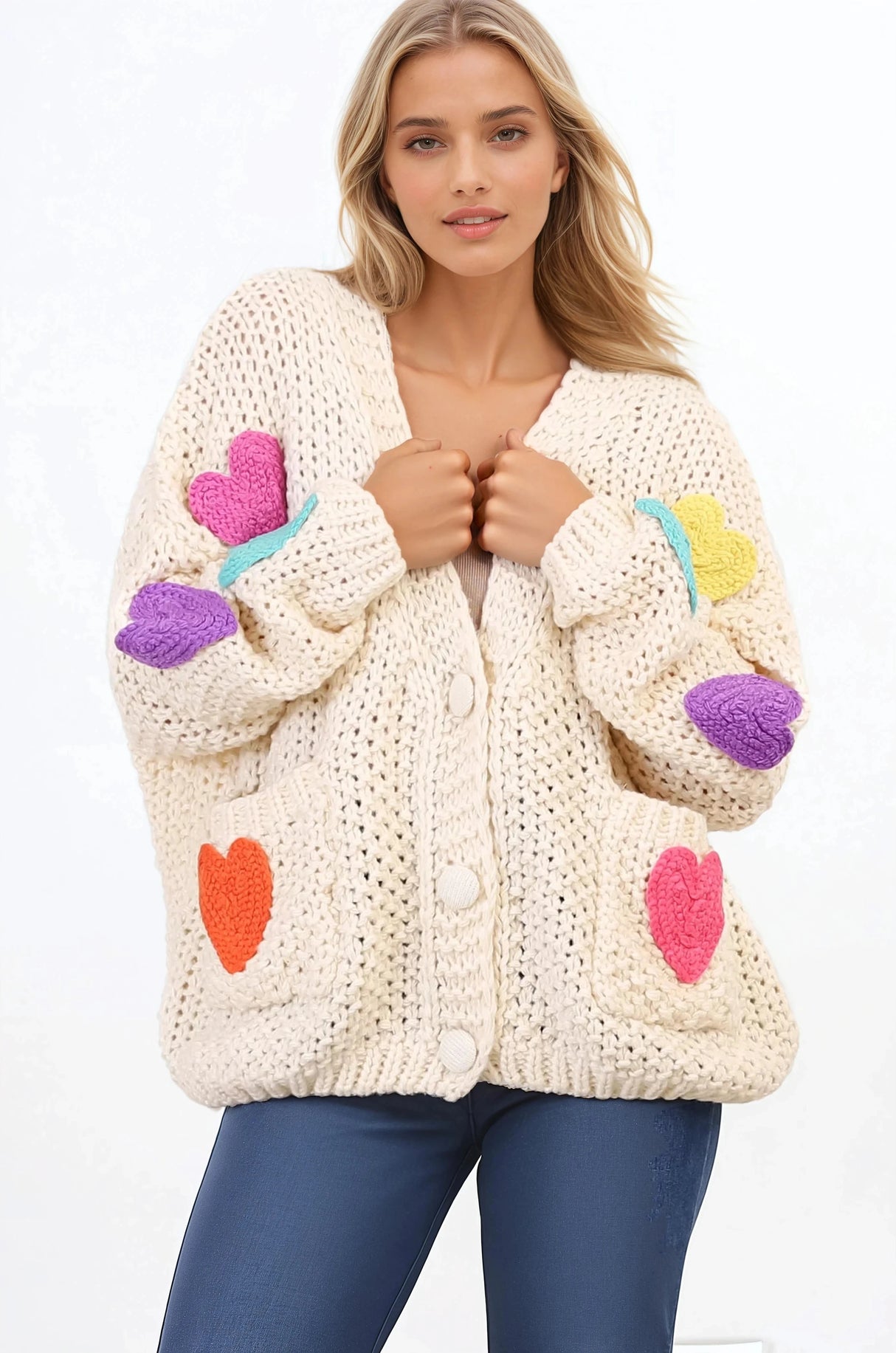 Emma Cardigan - V-Neck Hearts Buttoned Down Cardigan in Cream
