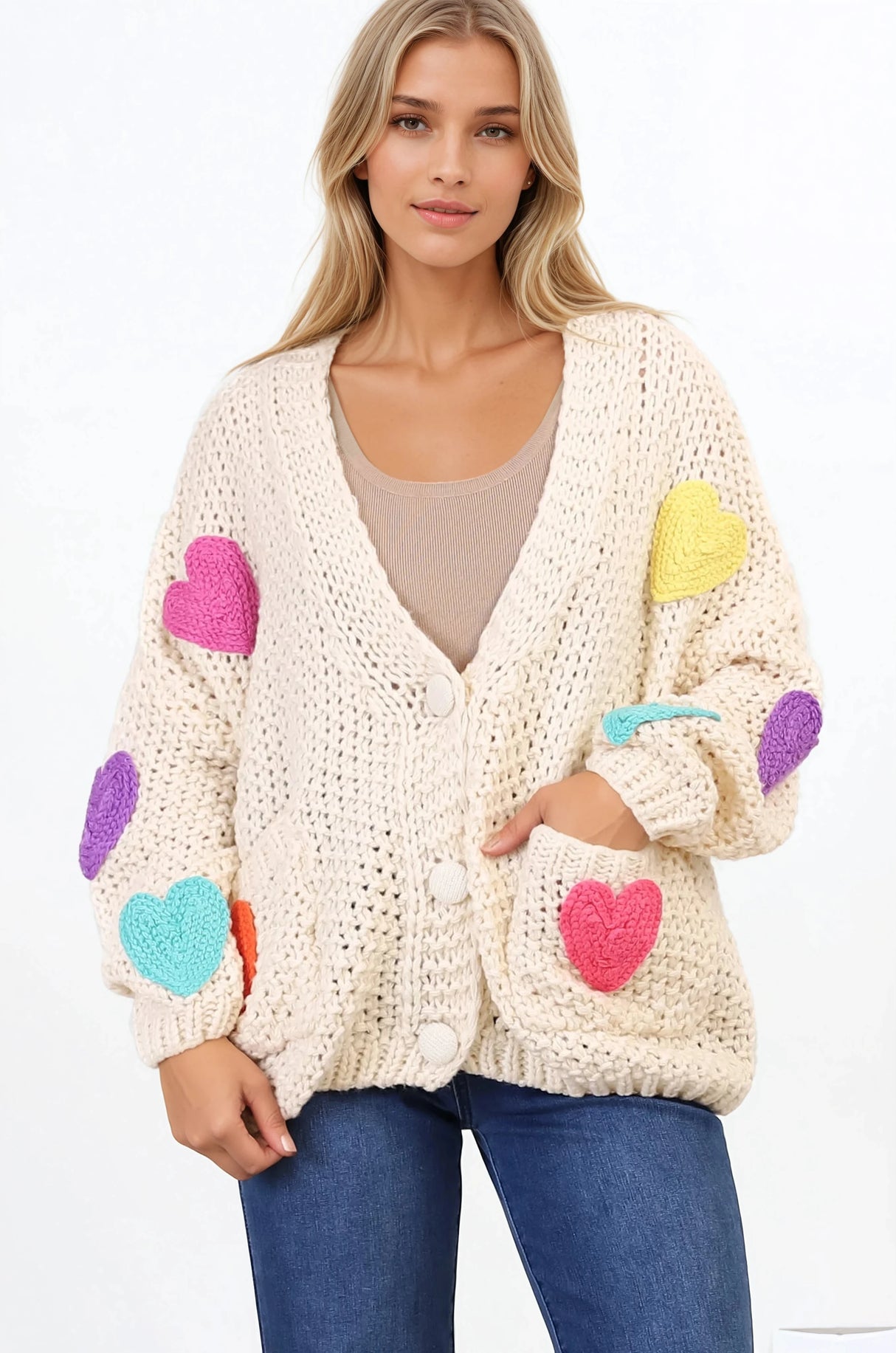Emma Cardigan - V-Neck Hearts Buttoned Down Cardigan in Cream