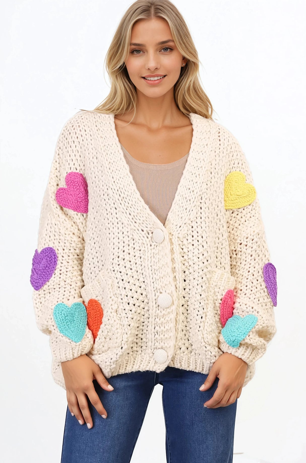 Emma Cardigan - V-Neck Hearts Buttoned Down Cardigan in Cream