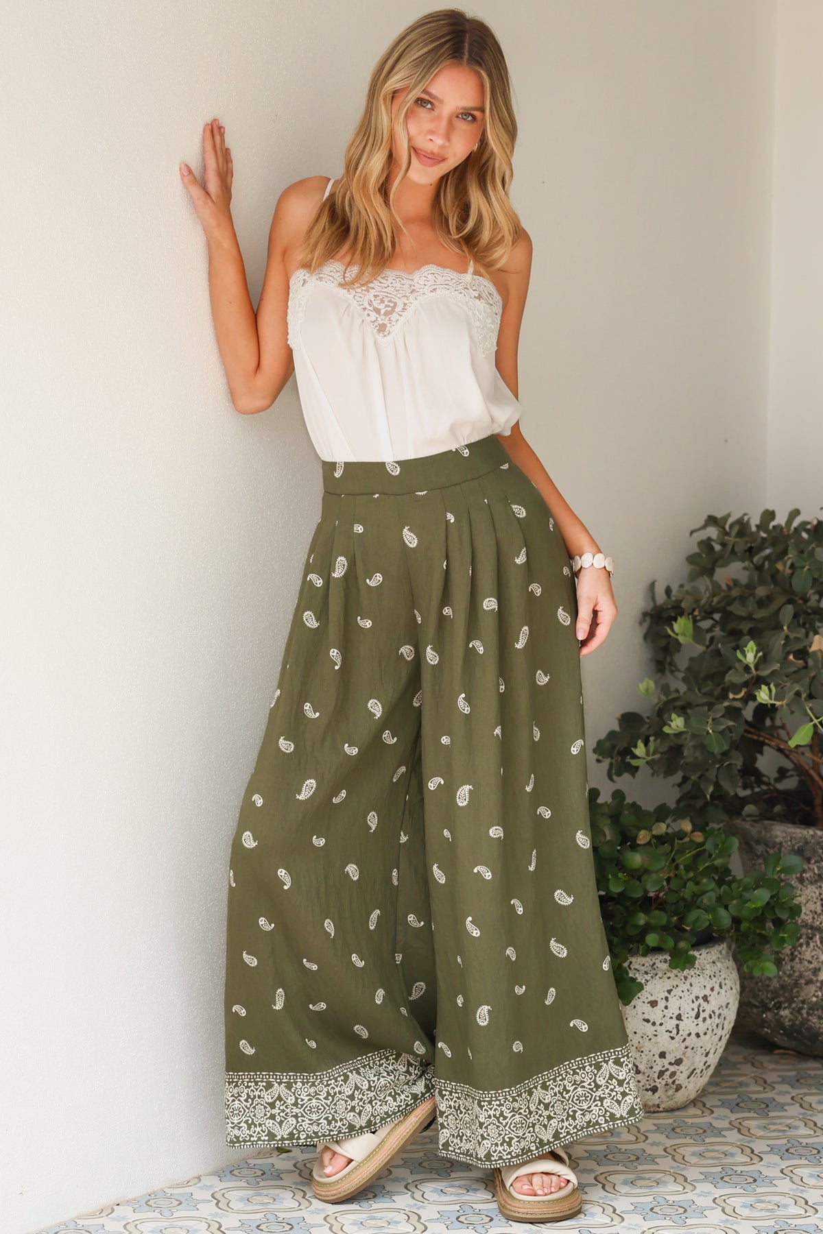 Emmy Pants - High Waisted Pleated Front Waistband Palazzo Pants in Ainsley Print Khaki