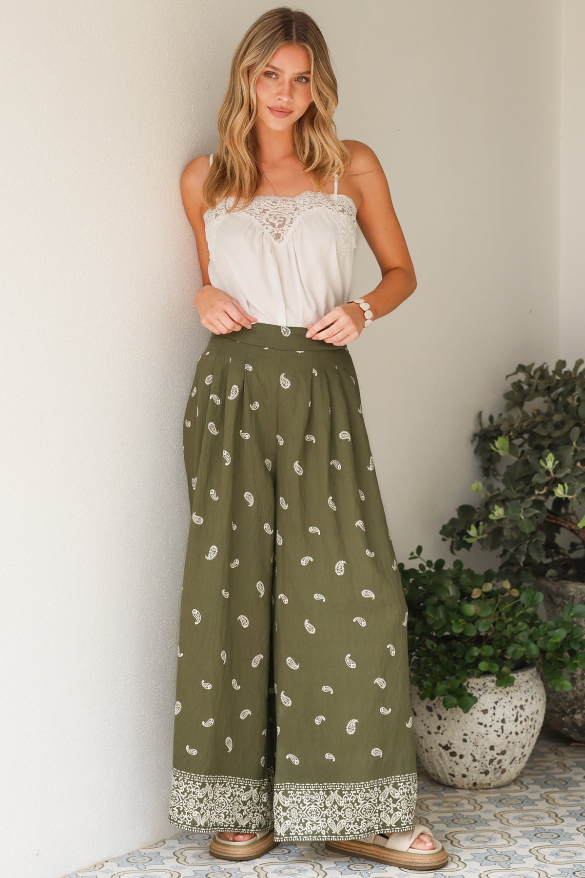 Emmy Pants - High Waisted Pleated Front Waistband Palazzo Pants in Ainsley Print Khaki