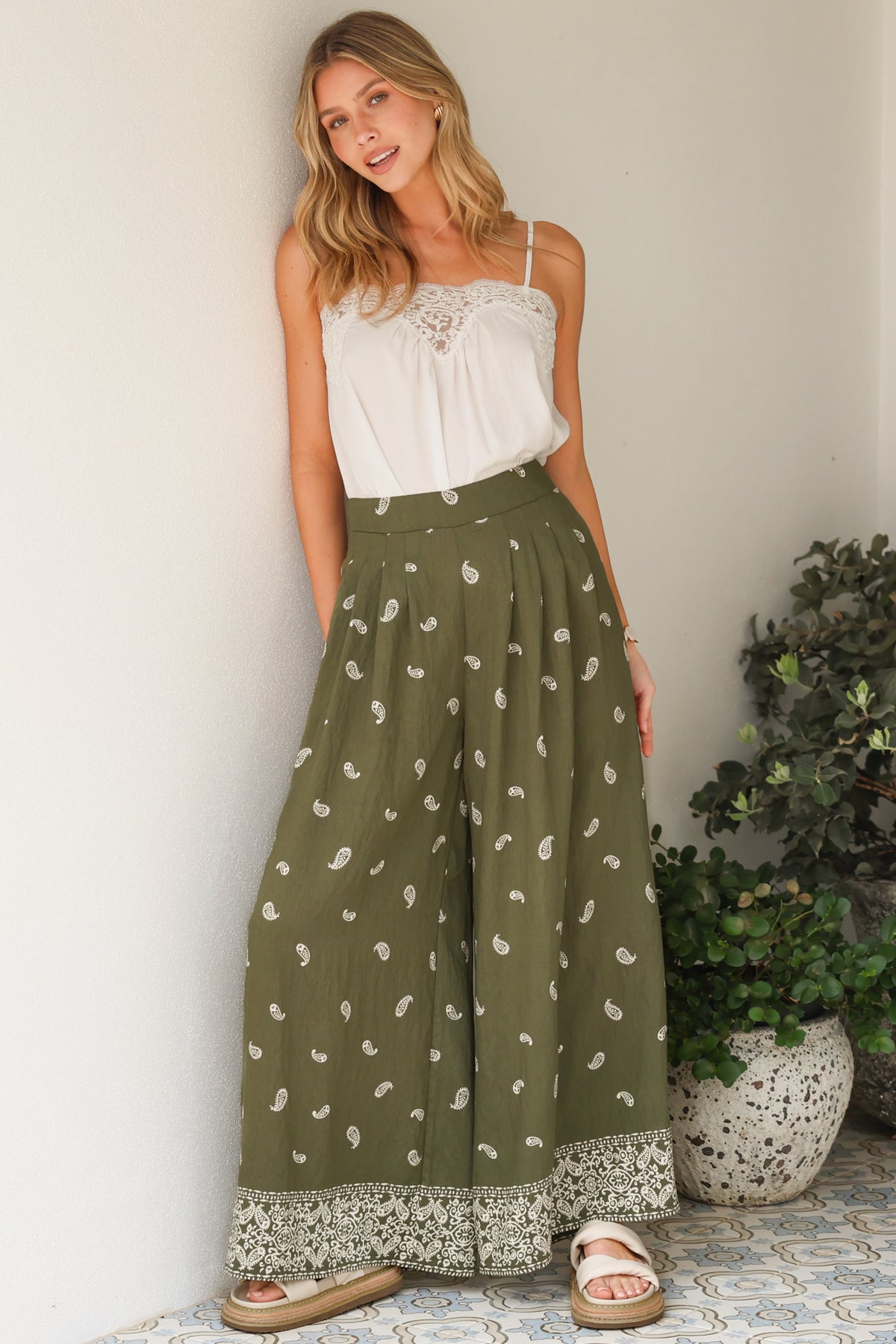 Emmy Pants - High Waisted Pleated Front Waistband Palazzo Pants in Ainsley Print Khaki