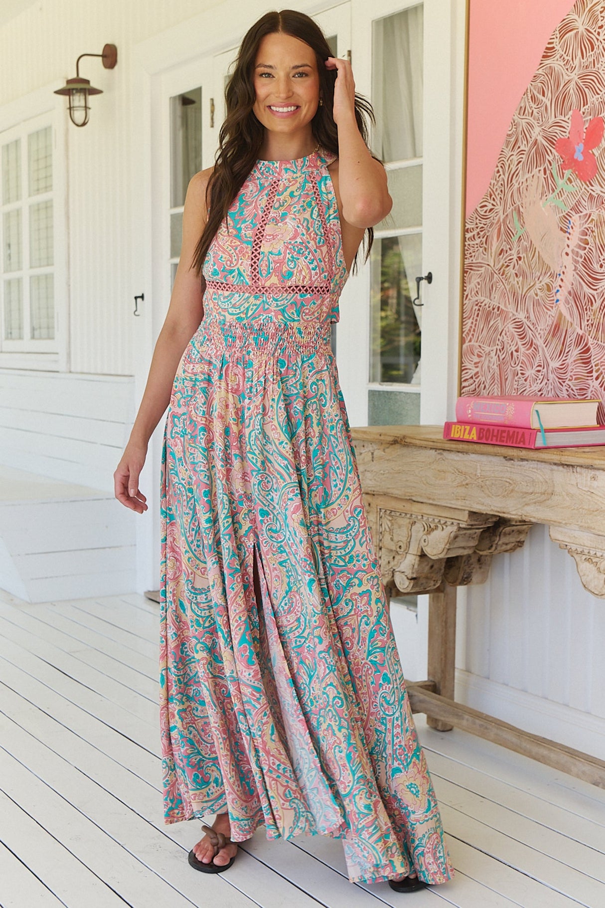 JAASE - Endless Maxi Dress: Halter Crochet Detailed Dress in Ocean Lullaby Print